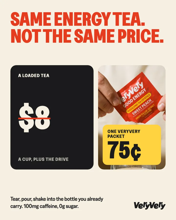 VeryVery ad: “Same energy tea. Not the same price.” — a loaded tea at $8 a cup beside one VeryVery packet at 75¢.